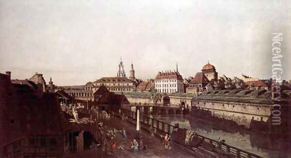 View of Dresden, The Fortress plants in Dresden, with a moat between Wilschen Gate Bridge and Post miles pil 3 Oil Painting - Bernardo Bellotto