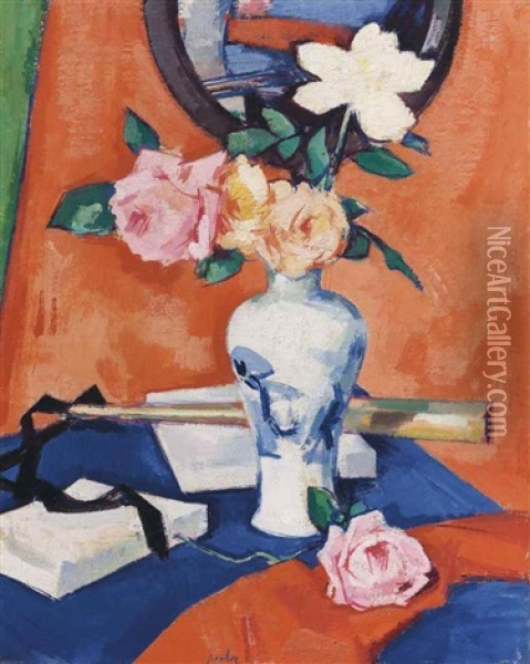 Roses In A Vase Against An Orange Background Oil Painting - Samuel John Peploe
