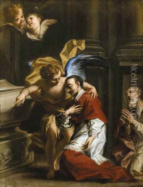 St Carlo Borromeo Tended by an Angel Oil Painting - Francesco Caccianiga