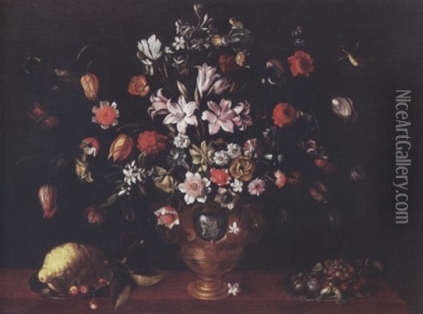 Tulips, Carnations, Lilies, Narcissi And Other Flowers In An Urn With Plums, Cherries And Other Fruit On A Salver And A Lemon With Cherries On A Salver With Two Butterflies And A Bird Oil Painting - Luca Forte