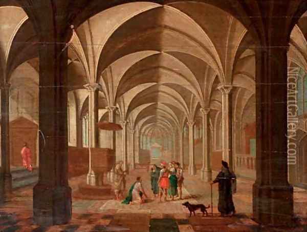 The transept of a gothic church with Christ and the Woman taken in Adultery Oil Painting - Peeter, the Elder Neeffs
