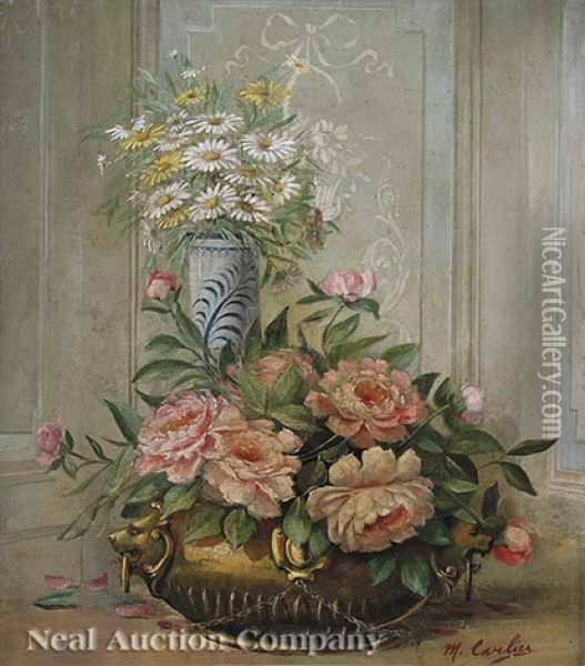 Still Life Of Daisies And Roses Oil Painting - Modeste (Max) Carlier
