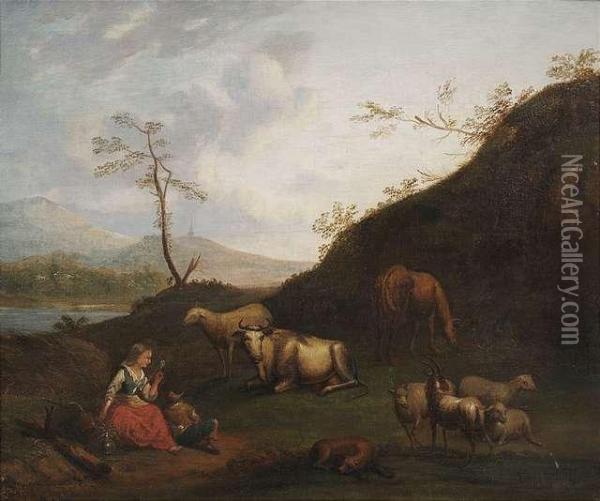 Herdsmen With Their Flock In A River Landscape. Oil Painting - Govert Dircksz. Camphuysen
