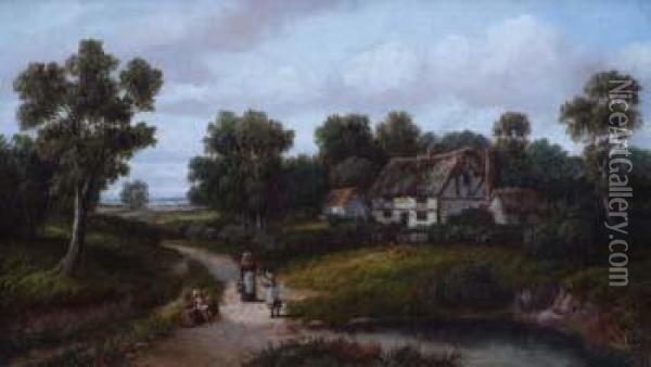Rural View With Figuresand Cottage Oil Painting - Joseph Thors