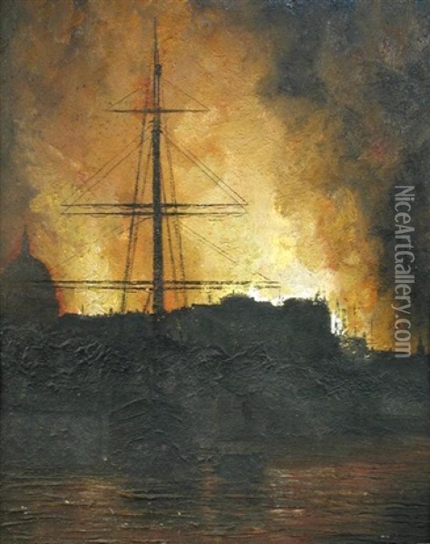 Fires Blazing Over London In The Blitz, With St Paul's Cathedral, London, Silhouetted Behind, And A Sailing Ship In The Foreground Oil Painting - Wilfred Stanley Haines