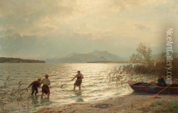 Fishing By The Shore Oil Painting - Hans Fredrik Gude