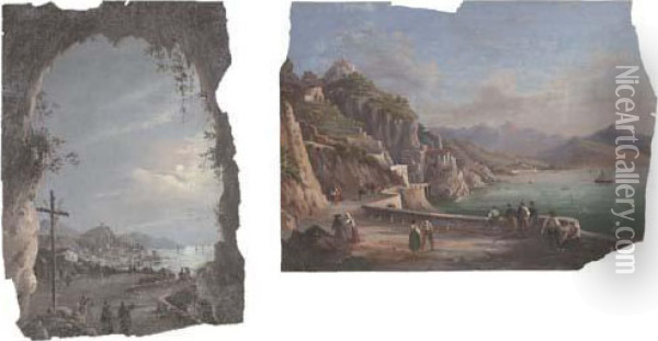 Amalfi Dalla Grotta Dei Cappuccini ; And A Promenade On The Amalfi Coast Oil Painting - Giacinto Gigante
