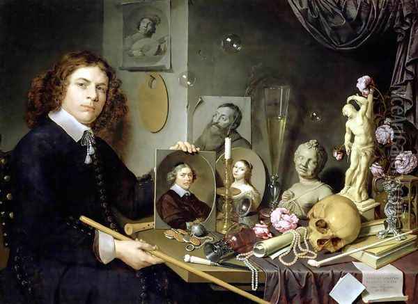 Self-Portrait with Vanitas Symbols 1651 Oil Painting - David Bailly
