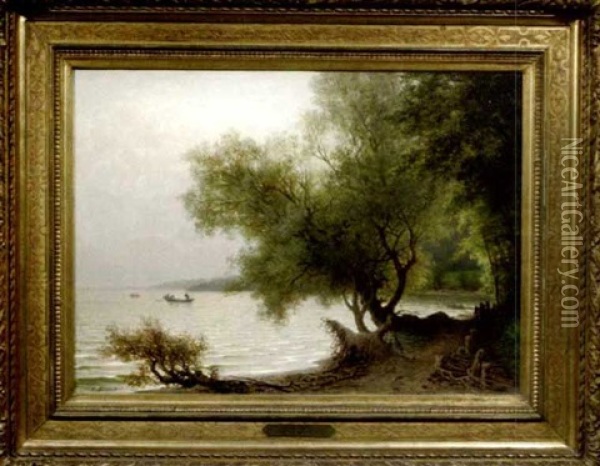 Baumbestandenes Seeufer Mit Fischerbooten Im Morgengrauen Oil Painting - Eduard Tenner
