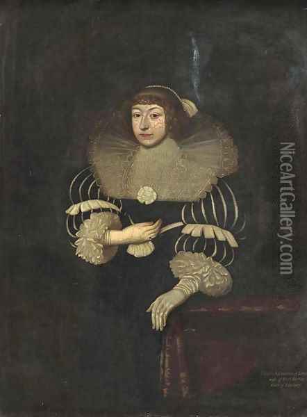 Portrait of Elizabeth, Countess of Lyndsey, three-quarter-length in a black and white dress and a lace ruff, a glove on her left hand Oil Painting - Johnson, Cornelius I