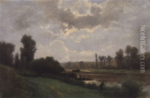 Flusslandschaft Mit Fischer Oil Painting - Gustave Eugene Castan
