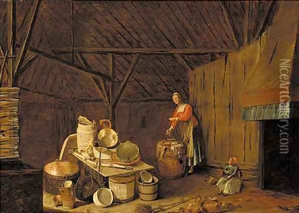The interior of a barn with a woman washing clothes Oil Painting - Egbert van der Poel