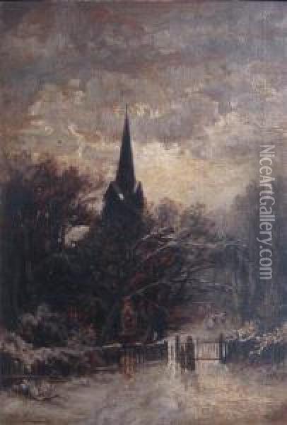 Winter Evening At The Church Gate Oil Painting - Thomas