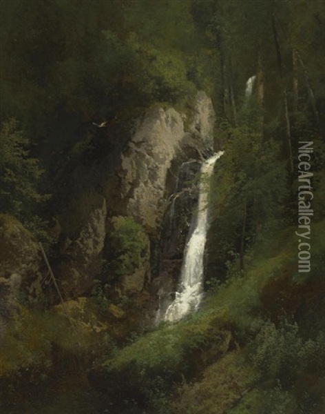 Sunlit Waterfall Oil Painting - Hermann Herzog