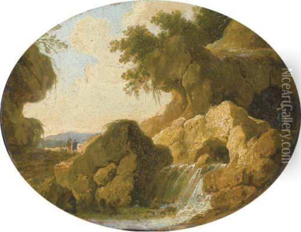 Un Paysage Rocheux Avec Une Cascade Oil Painting - Louis-Philippe Crepin