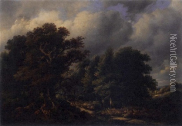 Deer In A Wooded Landscape Oil Painting - Jean-Baptiste de Jonghe