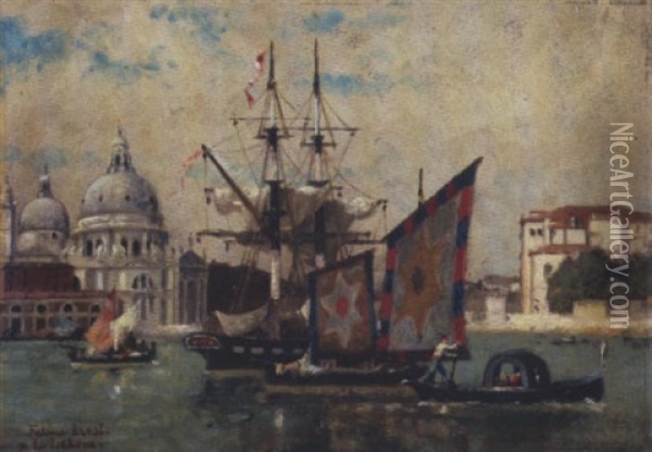 Venise, Bateau Pavoise Pres De La Salute Oil Painting - Germain Fabius Brest