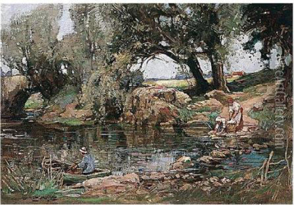 Washing On The River Bank Oil Painting - William Watt Milne