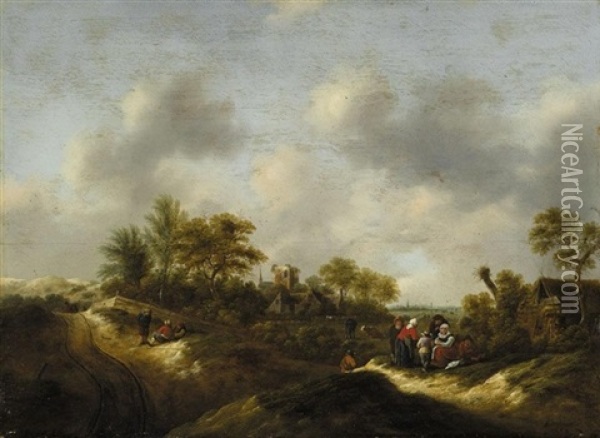 A Dune Landscape With Figures Resting Before A Cottage, A Church Beyond Oil Painting - Nicolaes Molenaer