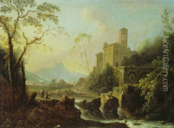 Italienische Landschaft Mit Kirche Und Wasserfall Oil Painting - Johann Friedrich Thiele