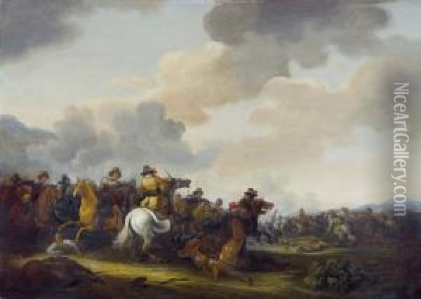 Reitergefecht In Weiter Landschaft Oil Painting - Abraham van der Hoef