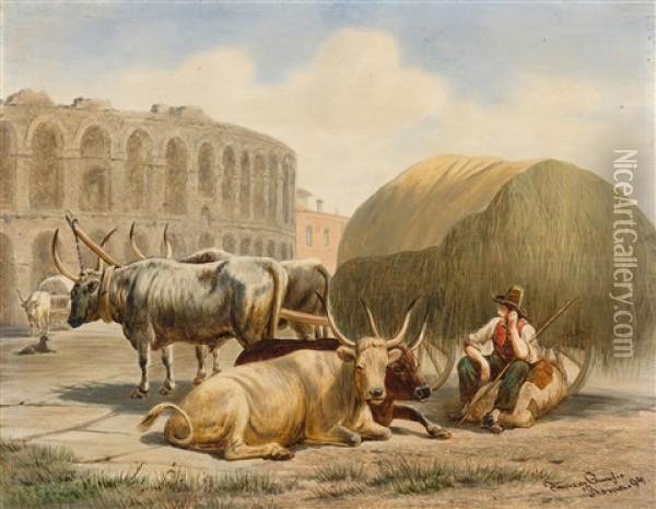 Ruhende Maremmaner Rinder Vor Dem Kolosseum In Rom Oil Painting - Franz Quaglio