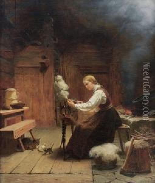 Interior, Kvinne Ved Rokk 1868 Oil Painting - Knud Bergslien