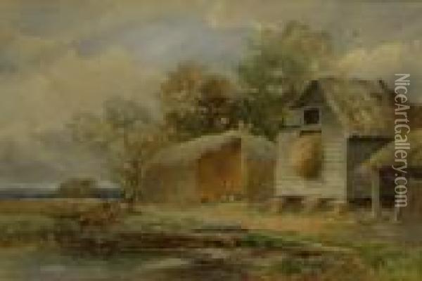 Poultry By Haystack And Barn Oil Painting - John Bates Noel