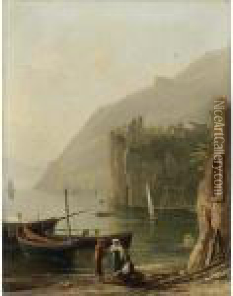 A View Of An Italian Bay Oil Painting - Anthonie Sminck Pitloo