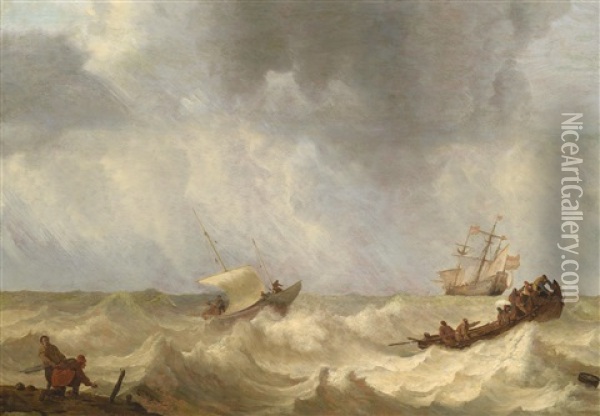 Ein Dreimaster Und Fischerboote Auf Bewegter See In Kustennahe Oil Painting - Lieve Pietersz Verschuier
