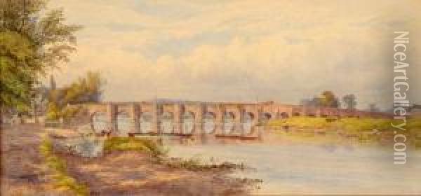 Extensive View Of River And Environs At Trent Bridge Oil Painting - William Wilde
