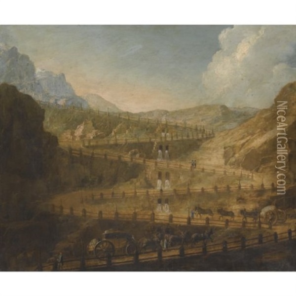A Capriccio Mountain Landscape With Horses And Carts Ascending A Path Oil Painting - Antonio Joli