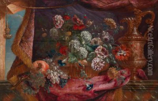 Ein Stillleben Von Blumen Undfruchten Neben Einer Prunkkaraffe Auf Einer Marmorplatte Oil Painting - Pierre-Nicolas Huillot