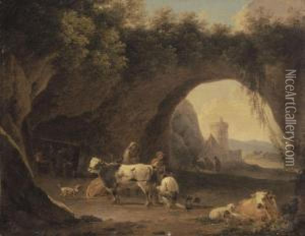 Grotto With Cattle And Figures A Forge Beyond Oil Painting - Willem Romeyn