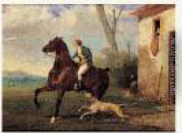 Cavalier, Suivi D'un Levrier, Sortant D'une Ecurie Oil Painting - Alfred De Dreux