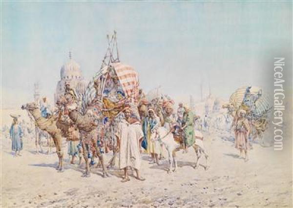 Orientalische Figurengruppe Mit Einer Eleganten Dame Auf Einem Kamel Oil Painting - Mariano De Franceschi