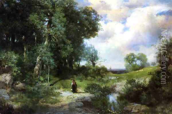 Young Girl in a Long Island Landscape Oil Painting - Thomas Moran
