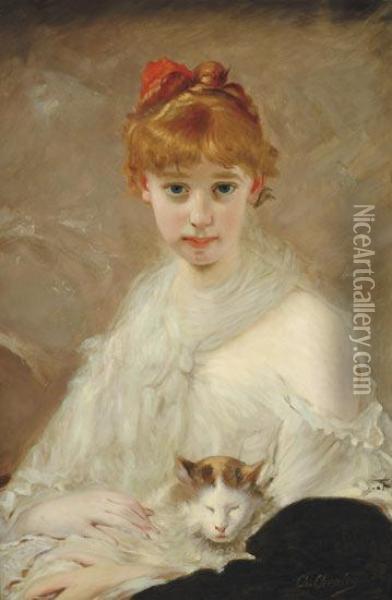 Portrait De Jeune Fille Au Chat Oil Painting - Charles Josua Chaplin