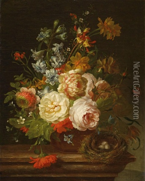 Groses Blumenstillleben Mit Einem Vogelnest Oil Painting - Willem van Leen