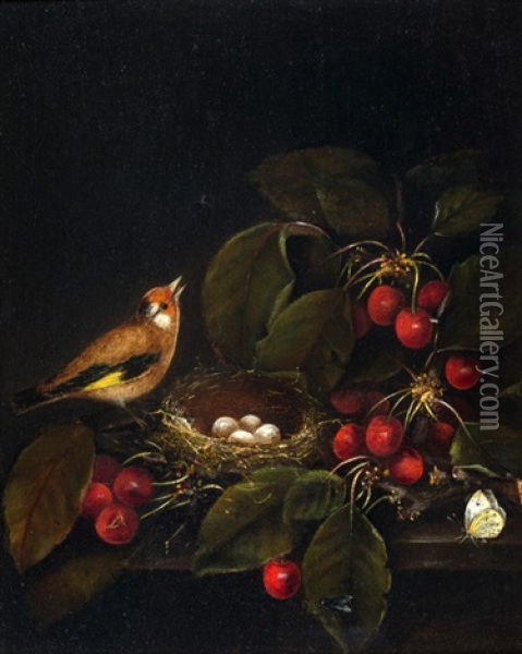Stilleben Mit Kirschen, Schmetterling Und Einem Vogel An Seinem Nest Oil Painting - Tobias Stranovius