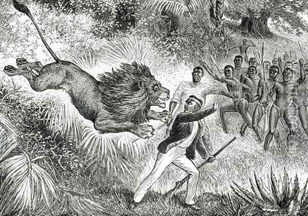 Livingstone Attacked by a Lion Oil Painting - Cobner, J.M.