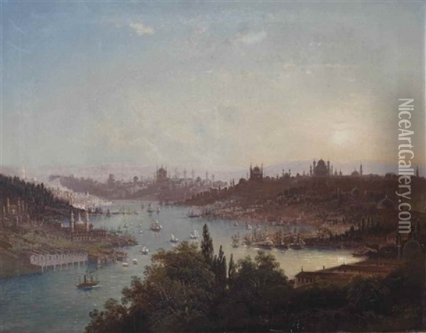 A View Of Istanbul With The Bosporus At Sunset Oil Painting - Pieter Francis Peters