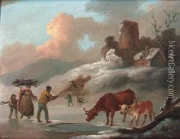Figures And Cattle On A Frozen Lake Oil Painting - Peter La Cave