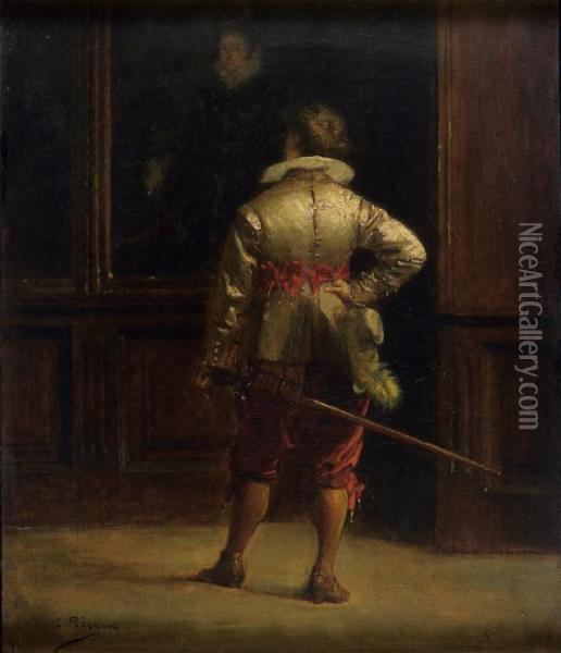 Gentilhomme Dans Une Galerie De Portraits. Oil Painting - Charles Francois Pecrus