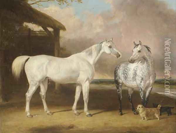 Hunters And Terriers By A Barn, In A River Landscape Oil Painting - Abraham Cooper