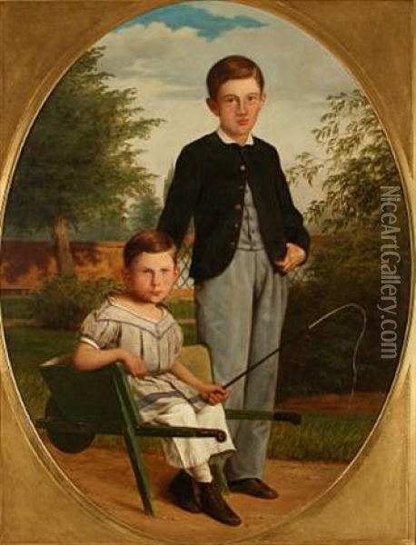 Two Boys In A Garden, One Is Sitting In A Wheelbarrow Oil Painting - Andreas Hunaeus