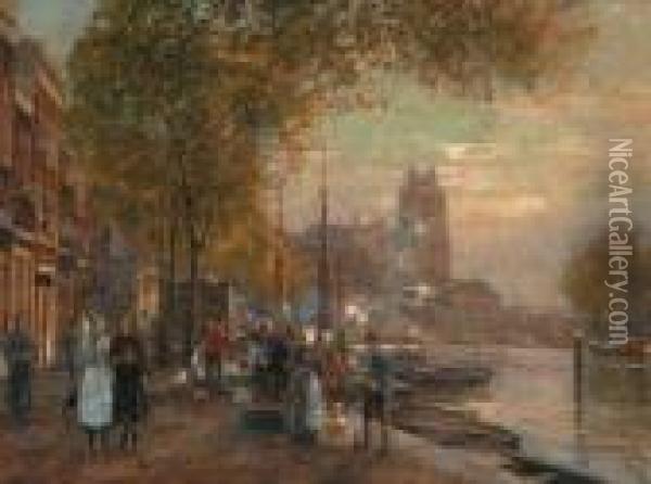 Dutch Canal Scene Oil Painting - Heinrich Hermanns
