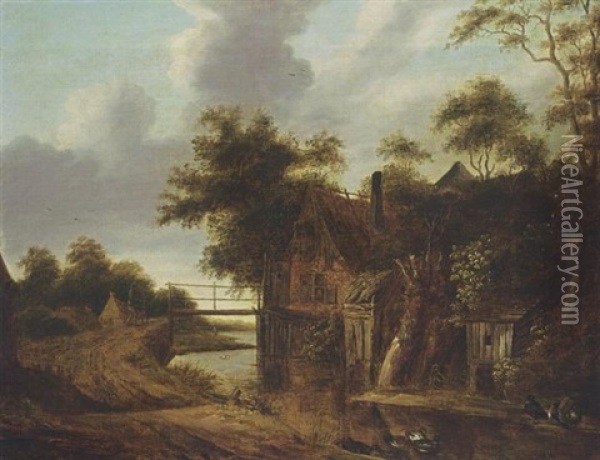 A Landscape With Travellers On A Path Along A Stream Near A Farm Oil Painting - Cornelis Gerritsz Decker