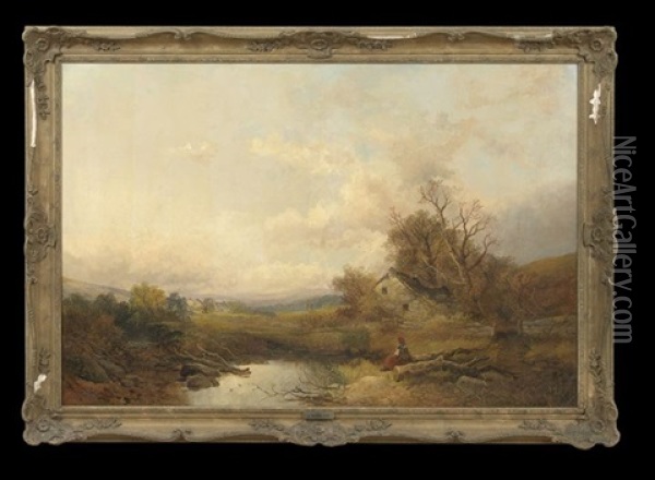 Landscape With A Woman Sitting On A Tree Branch Next To A Pond And A Cottage Oil Painting - Joseph Horlor