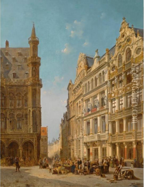 Many Figures At An Auction On The Grande Place In Brussels Oil Painting - Jacques Carabain